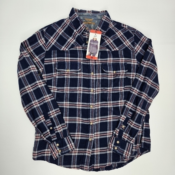 Jachs Girlfriend Shirt Medium Flannel Snap Front Long Sleeve Blue Plaid BEA NWT - Picture 1 of 9